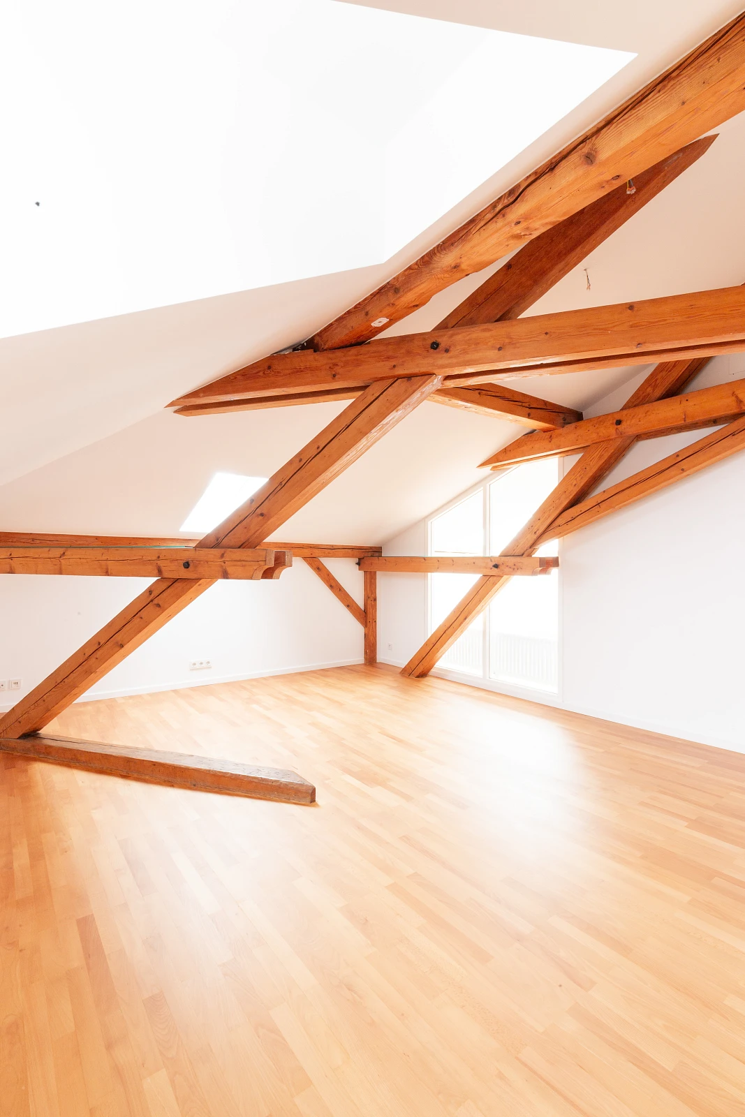 Dachausbau eines alten Gebäudes mit sichtbarem Gebälk, Holztragwerk in Szene gesetzt