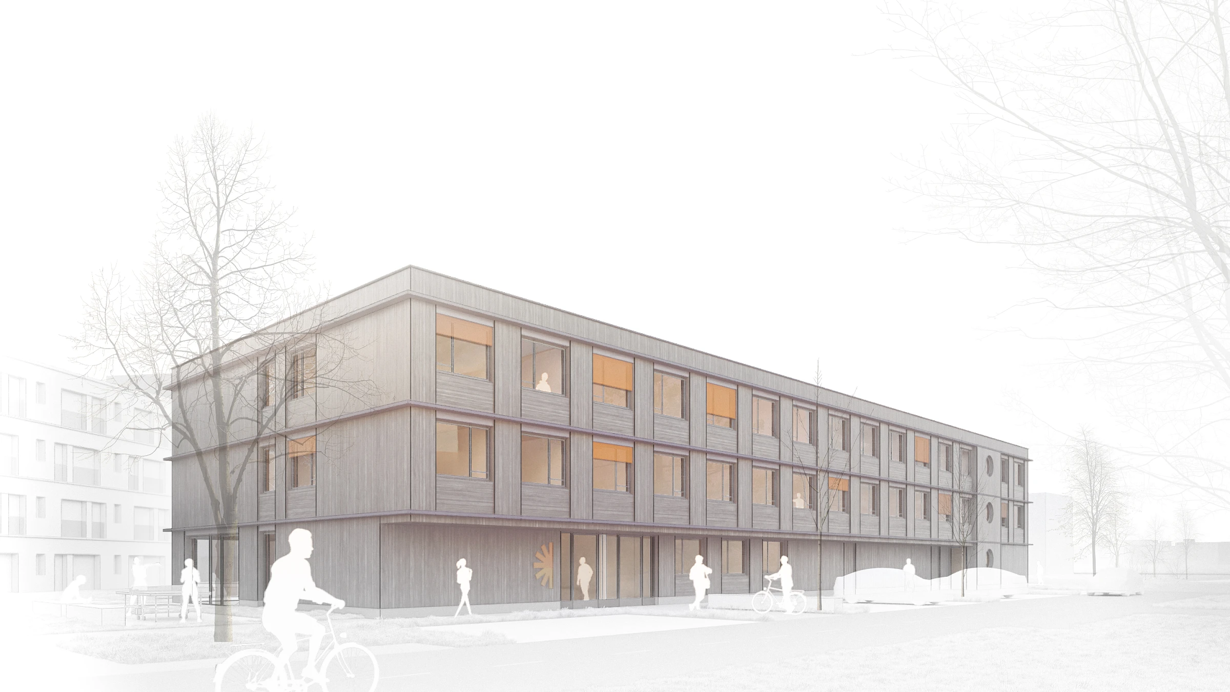 Architekturwettbewerb Visualisierung Studierendenwohnheim, Flachdach, vorvergraute Holzfassade, textiler Sonnenschutz