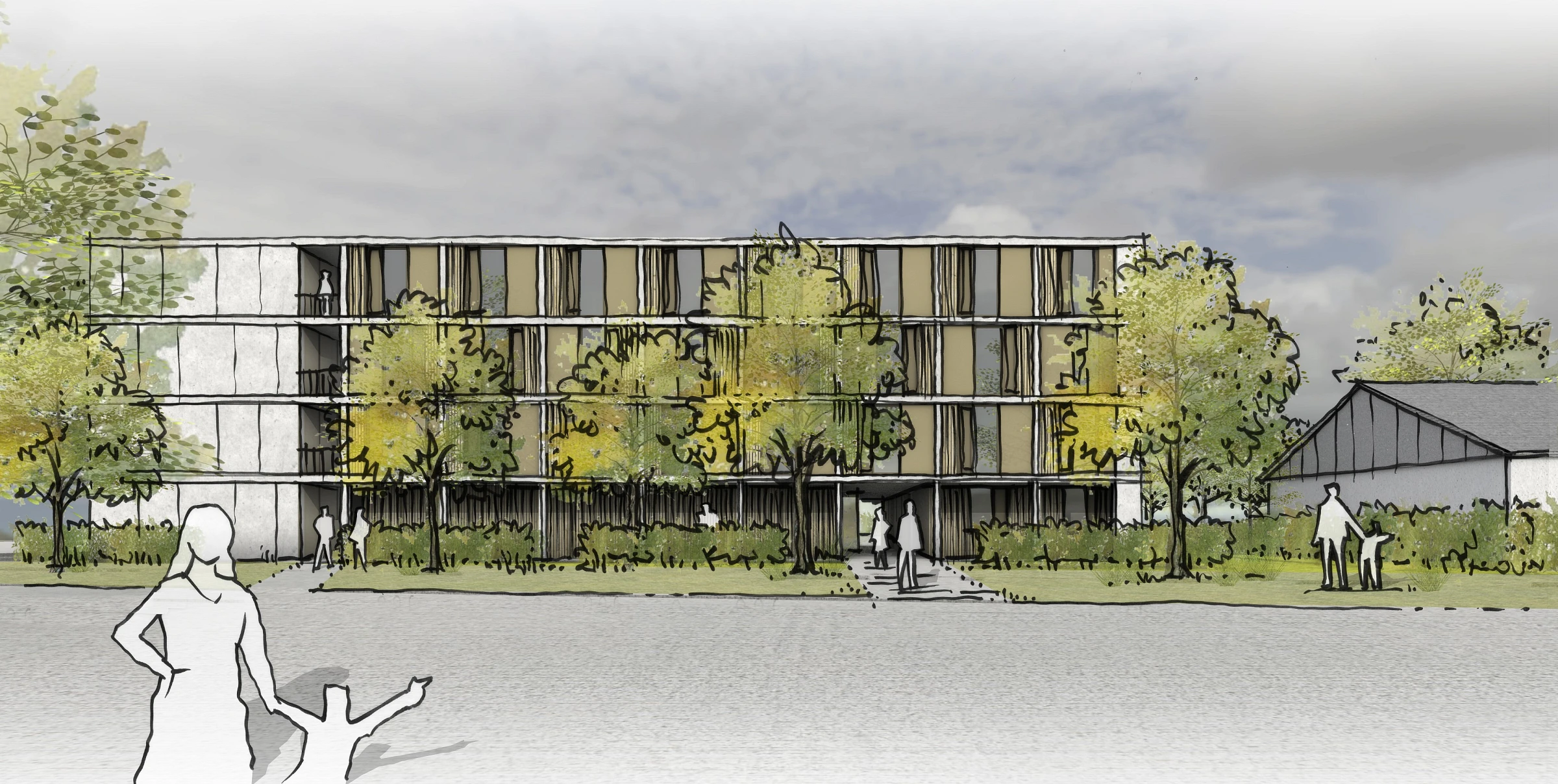 Studentenwohnheim, Kollagenskizze des Eingangs