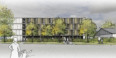 Studentenwohnheim, Kollagenskizze des Eingangs